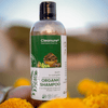 Cleanure organic shampoo bottle with marigold flowers in the foreground