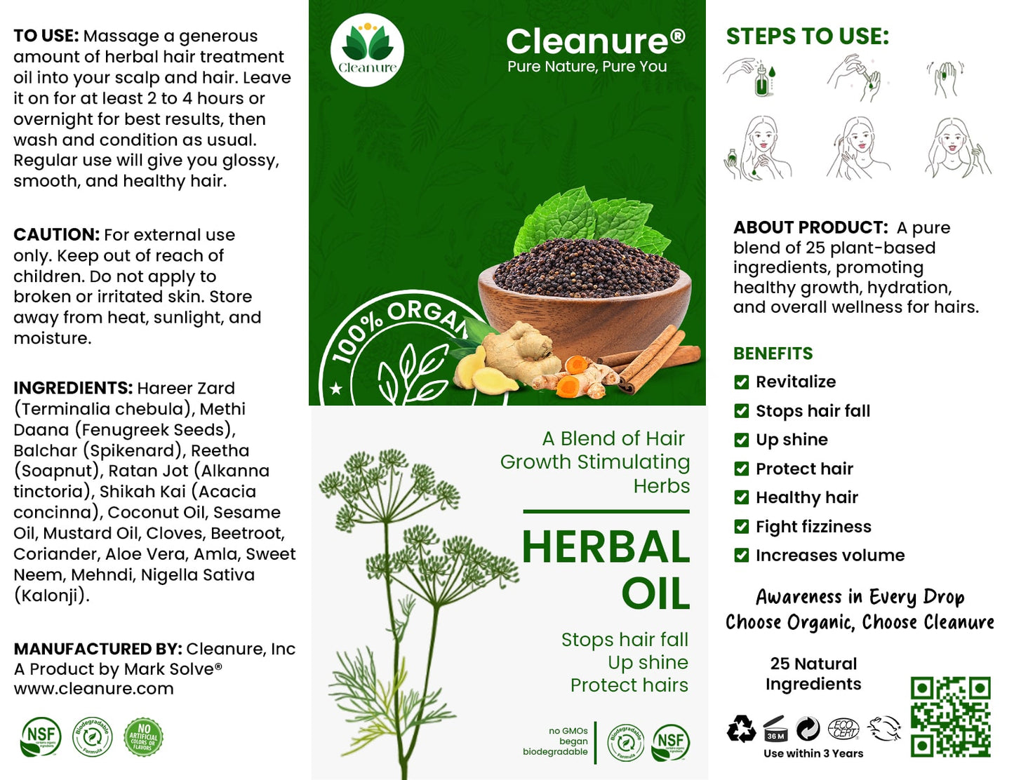 Cleanure herbal oil packaging with ingredients and usage instructions.