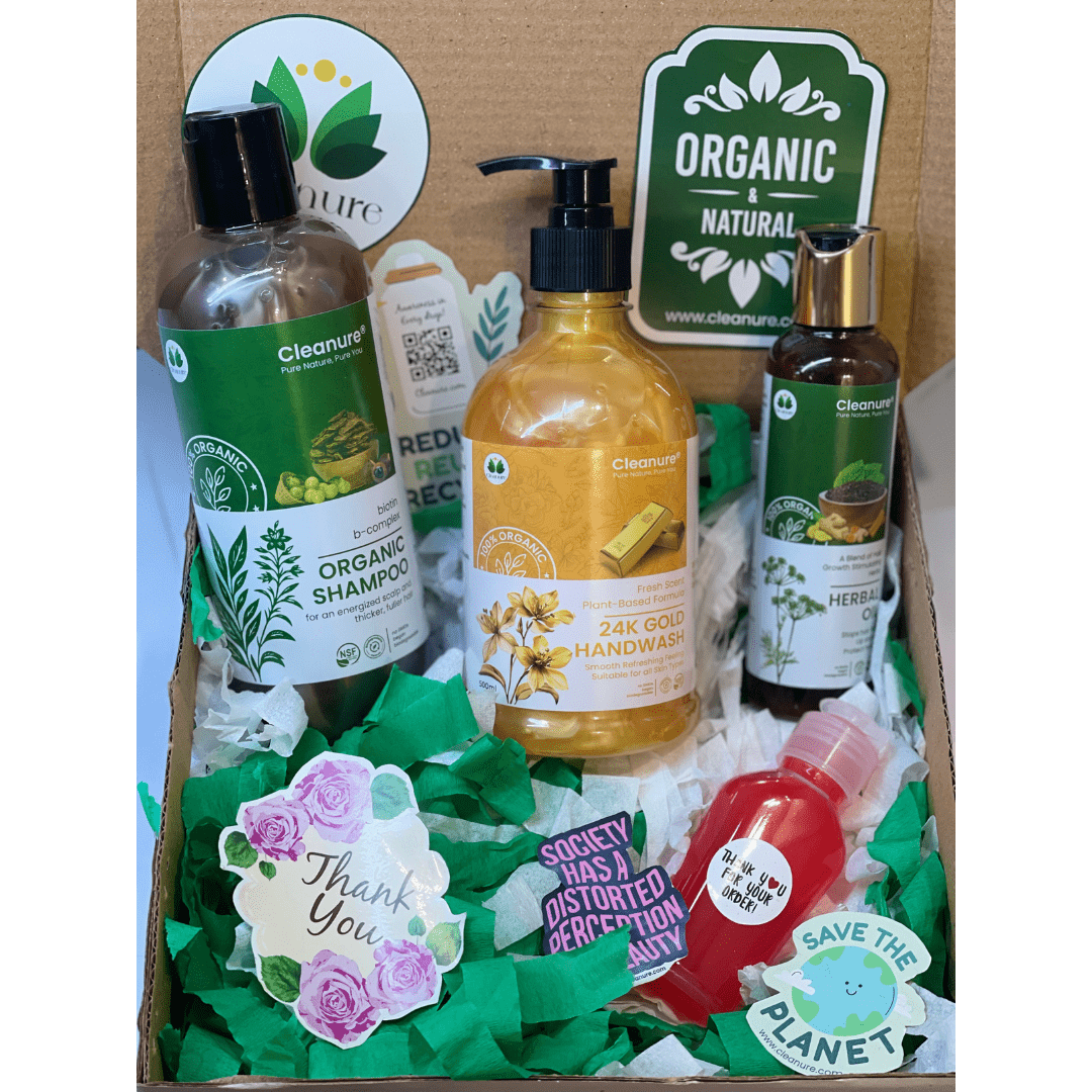 Box of cleanure organic haircaree products with visible branding and packaging.