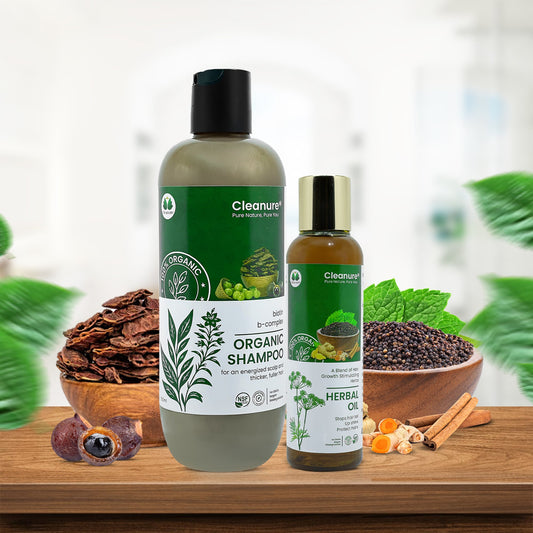 Clenaure shampoo and oil bottle with branding and ingredients 