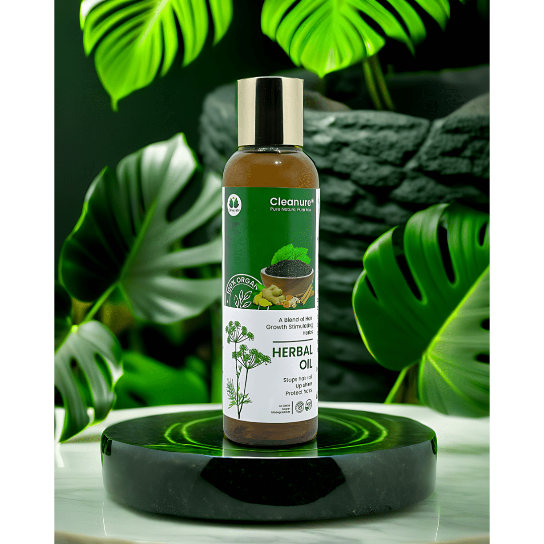 Herbal oil bottle with green leaves in the background