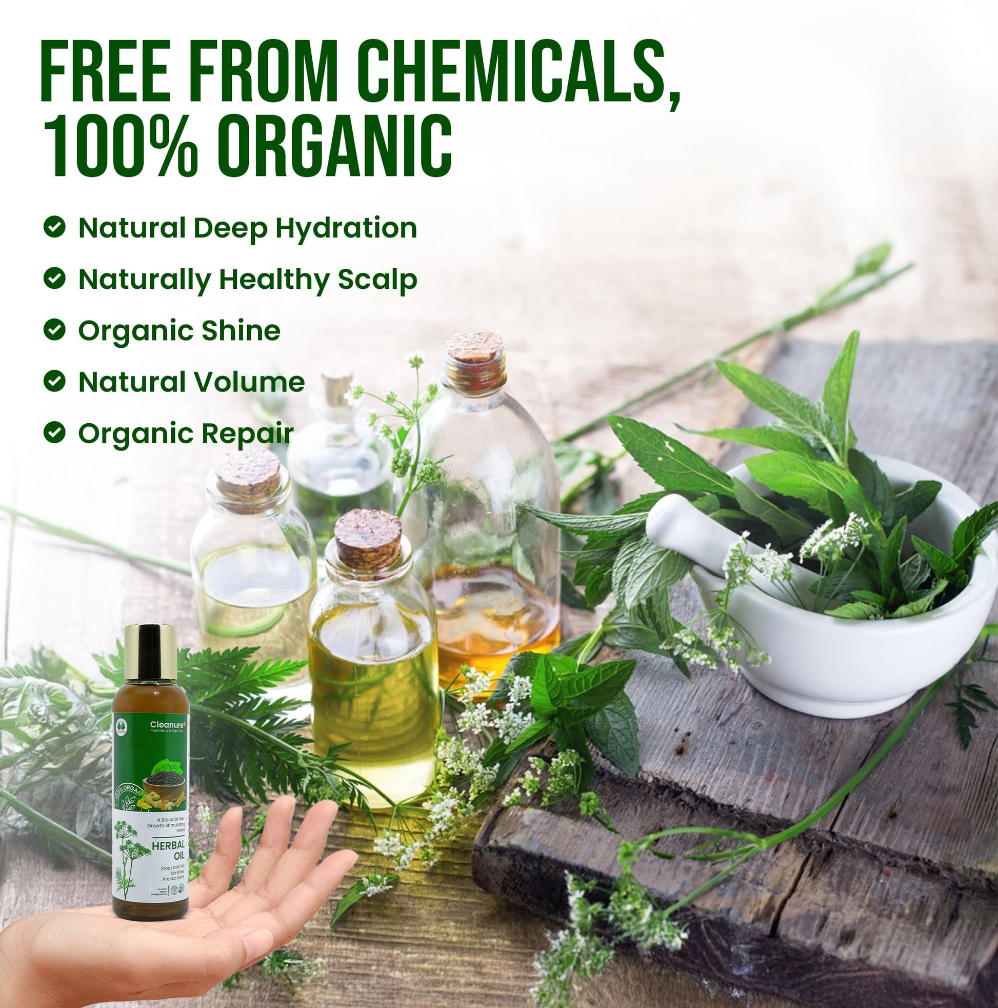 Herbal products on a wooden surface with greenery, promoting organic and natural hair care.