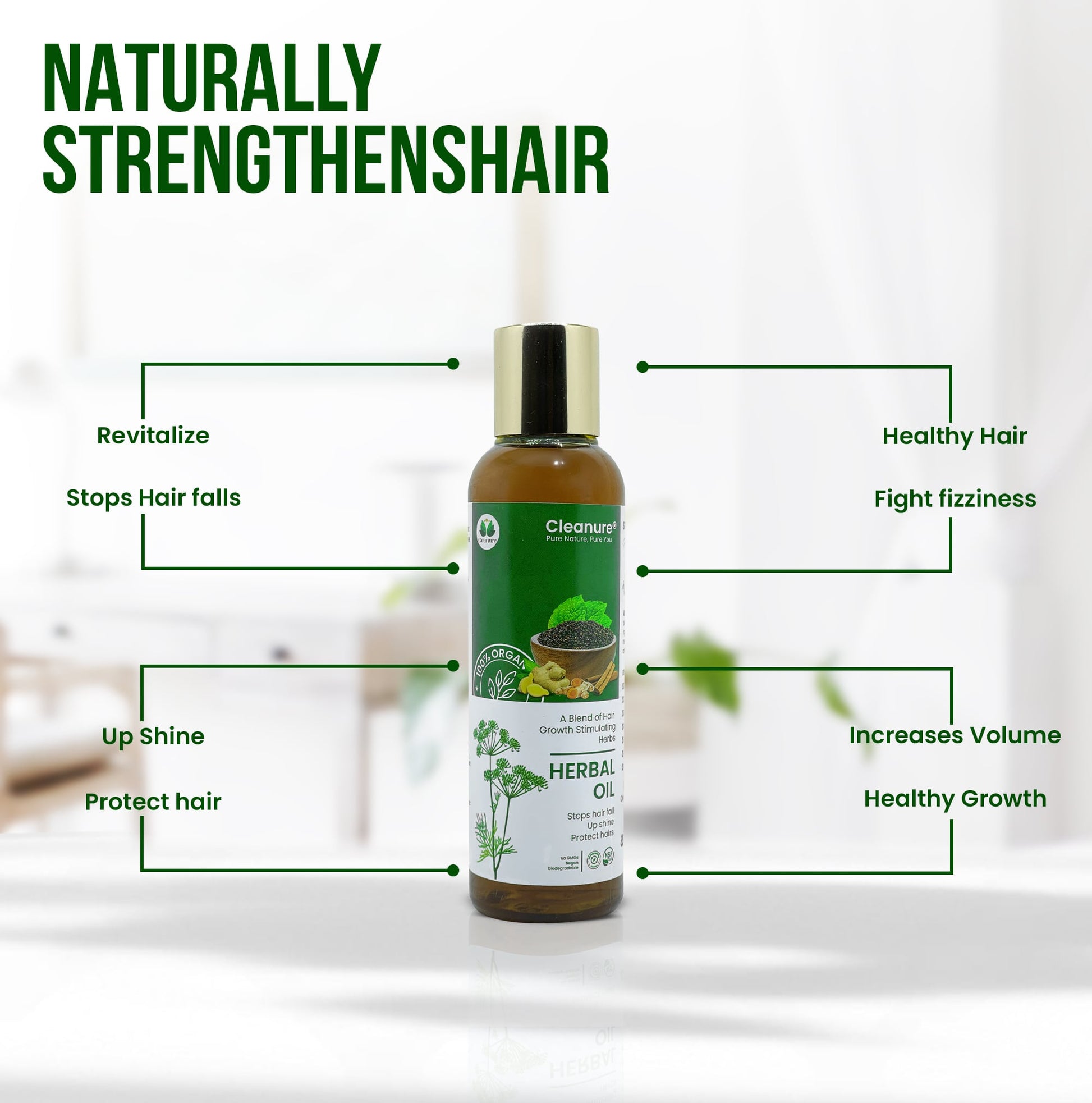Herbal hair oil bottle with text highlighting its benefits on a white background