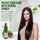 Woman with long black hair next to a bottle of herbal hair care product with text highlighting benefits.
