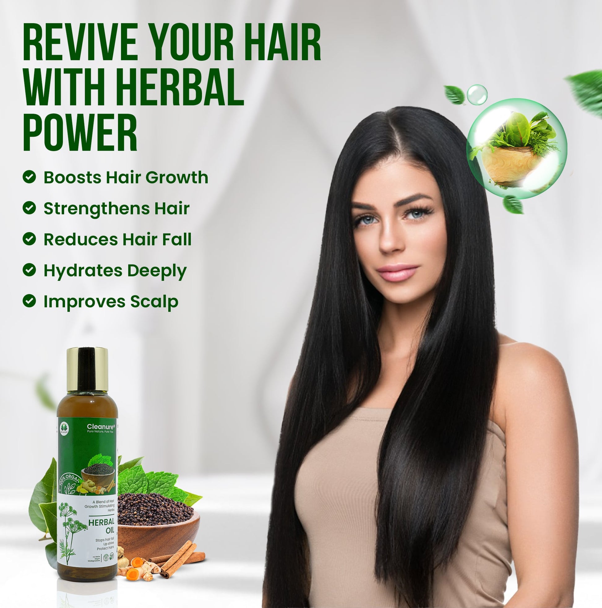 Woman with long black hair next to a bottle of herbal hair care product with text highlighting benefits.