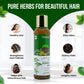 Herbal hair oil bottle with benefits on a green and white background