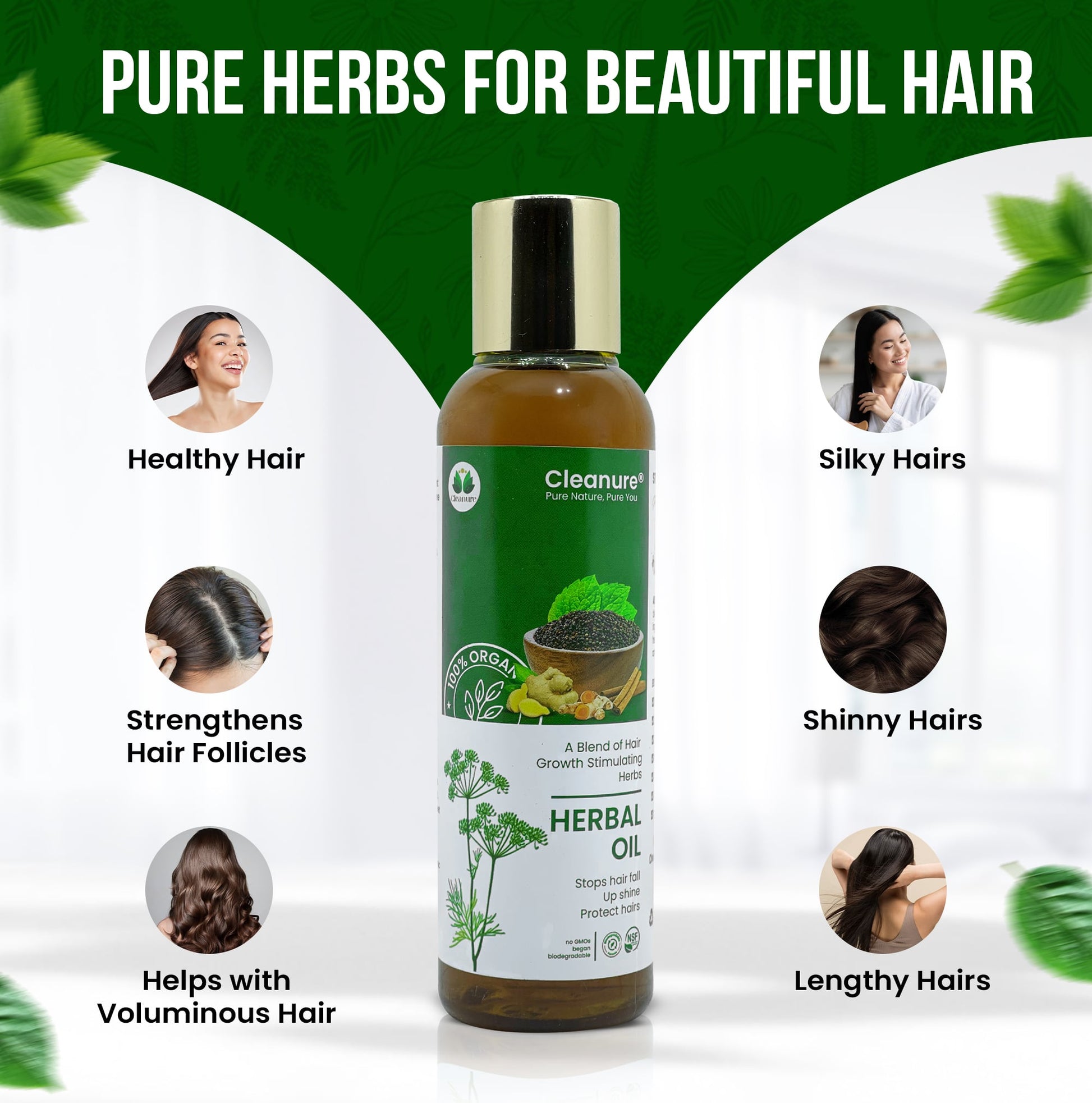 Herbal hair oil bottle with benefits on a green and white background